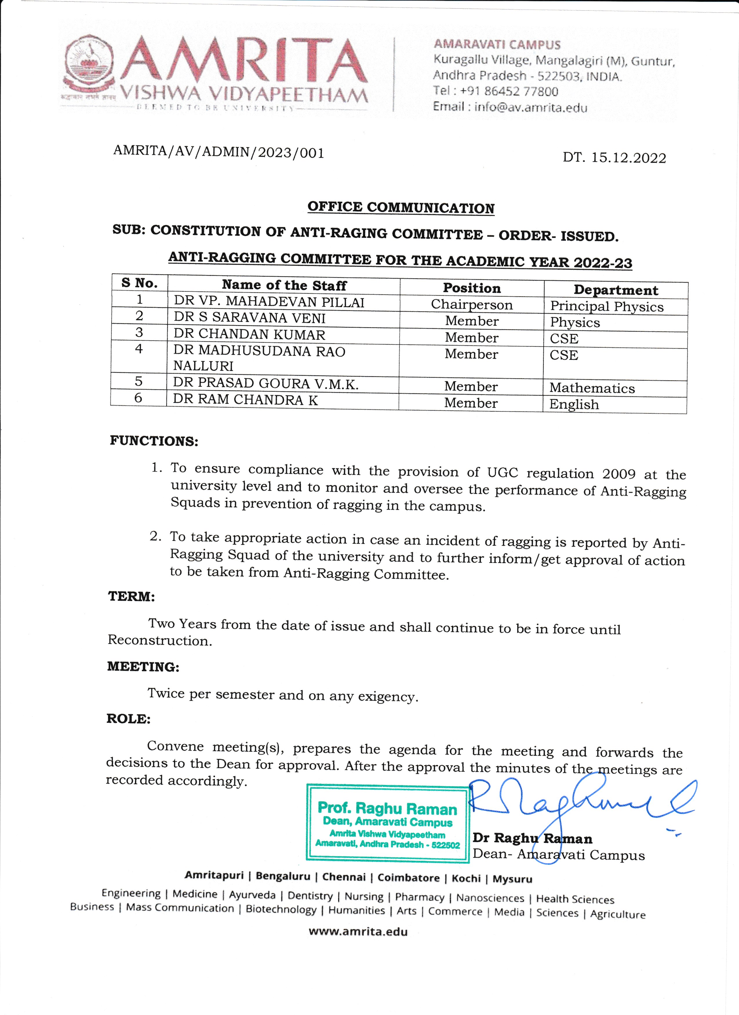 Anti Ragging Committe Anti-Ragging Committee | Intranet Amrita Vishwa Vidyapeetham ...